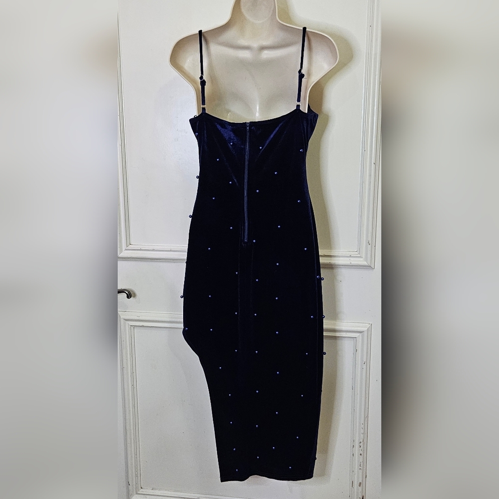 Windsor Navy Blue Velvet Beaded Embellished Asymmetrical Midi Dress,Large - Picture 10 of 16